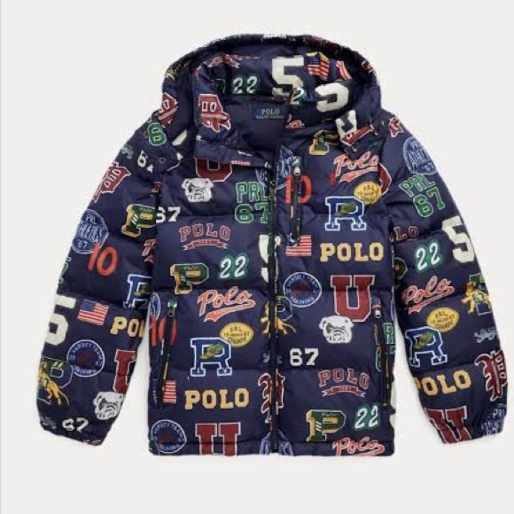 POLO Ralph Lauren Kids Navy Blue Varsity Letterman Patch Puffer Coat w/Hood S/8